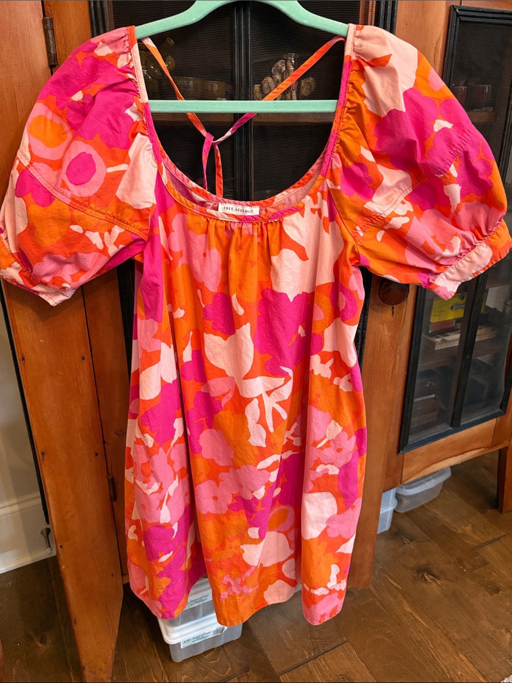 Bright Pink & Orange Floral Puff-Sleeve Mini Dress